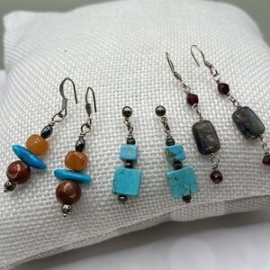 3 Pairs pierced earrings! Dangling Turquoise and stone earrings